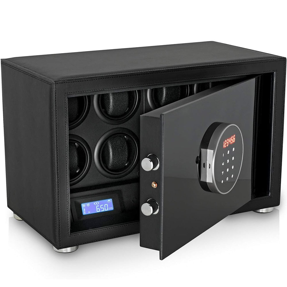 Time Spinners Prestige Secure Watch Winder Safe Box with microfiber leather exterior, silent operation below 10dB, anti-magnetization technology, and Japanese Mabuchi rotors. Features intelligent touchscreen panel, reinforced lock bolts, LED lighting, and multiple winding modes for precision and secure watch storage.